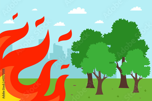 spreading fire near trees. fire storm. flat vector illustration.