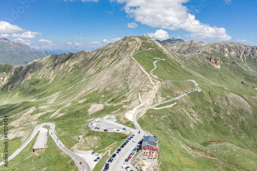 Aerial drone shot of serpentine high alpine road Taxenbacher Fusch up to Edelweissspitze in Grossglockner in Austria photo