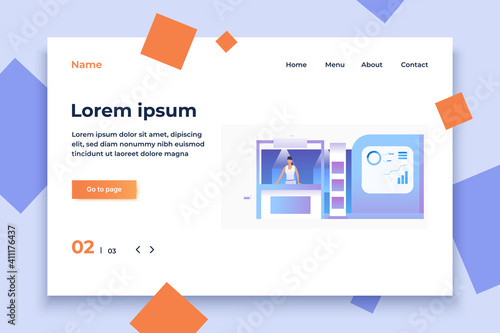 Businesswoman presenting isometric sale stands. Expo demonstration, mall marketing event. Product exhibition concept. Vector illustration for webpage, landing page