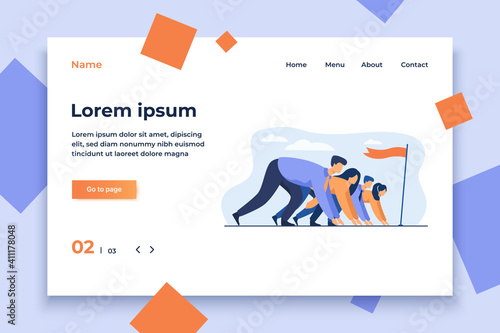 Career competition metaphor. Office professionals race. Employees ready to run, standing at start line with flag. Vector illustration for business opponents, rivalry concept