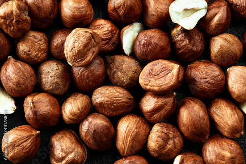 Close up of Hazelnut kernels - Food Frame Background, macro detailed close up.