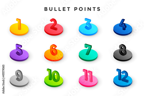 3d style bullet points numbers from one to twelve