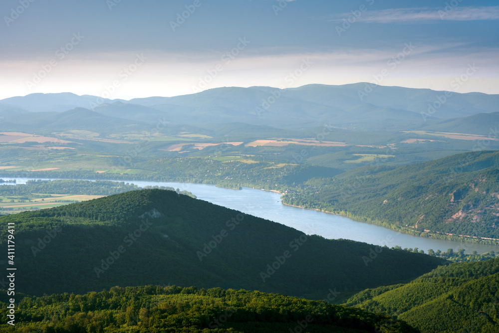 Hilly landscape around Danube river