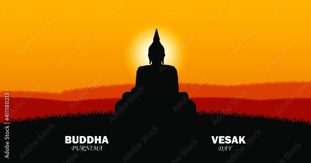 Happy Buddha Purnima, Gautam Buddha meditating, vector illustration.