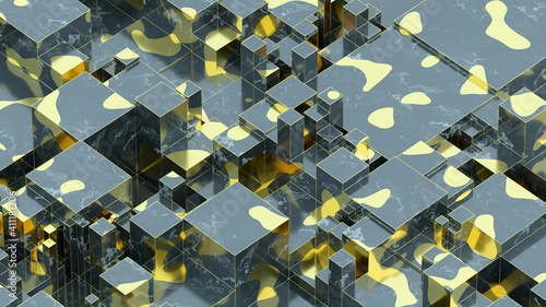 Abstract golden liquid on black marble cube. Art data technology concept