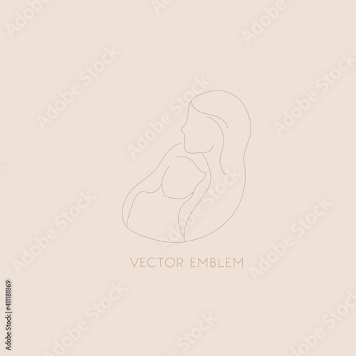 Vector hand drawn mother with child. Vector emblem. Simple line art.