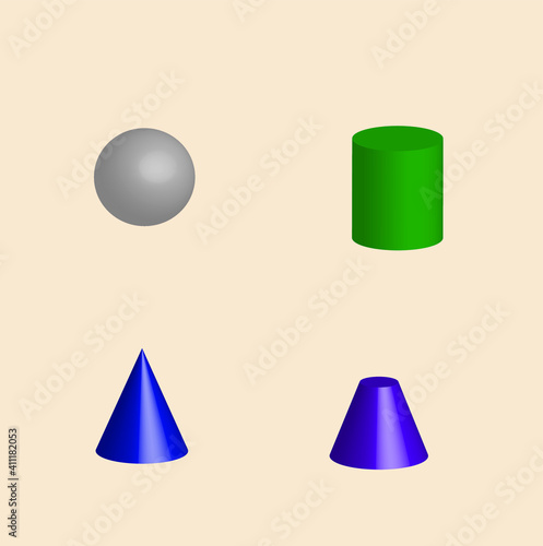 Three-dimensional geometric shapes ball, cylinder, cone, truncated cone isolated on a beige background. Poster, visual aid.