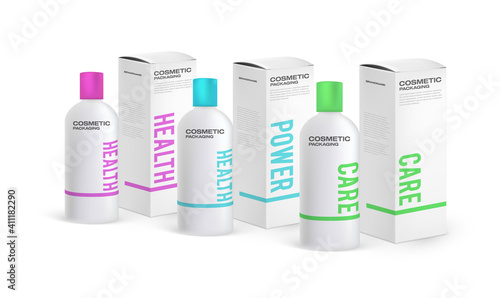 Set of cosmetic packaging design templates. Cardboard tall pack and shampoo bottle. Lotion mockup bottle
