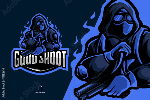 ninja soldier with gun and knife mascot esport logo illustration, sport game team, character