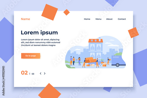 Couple moving out house and giving key to agent. Movers carrying furniture to truck. Vector illustration for relocation, new home, loaders, service concept