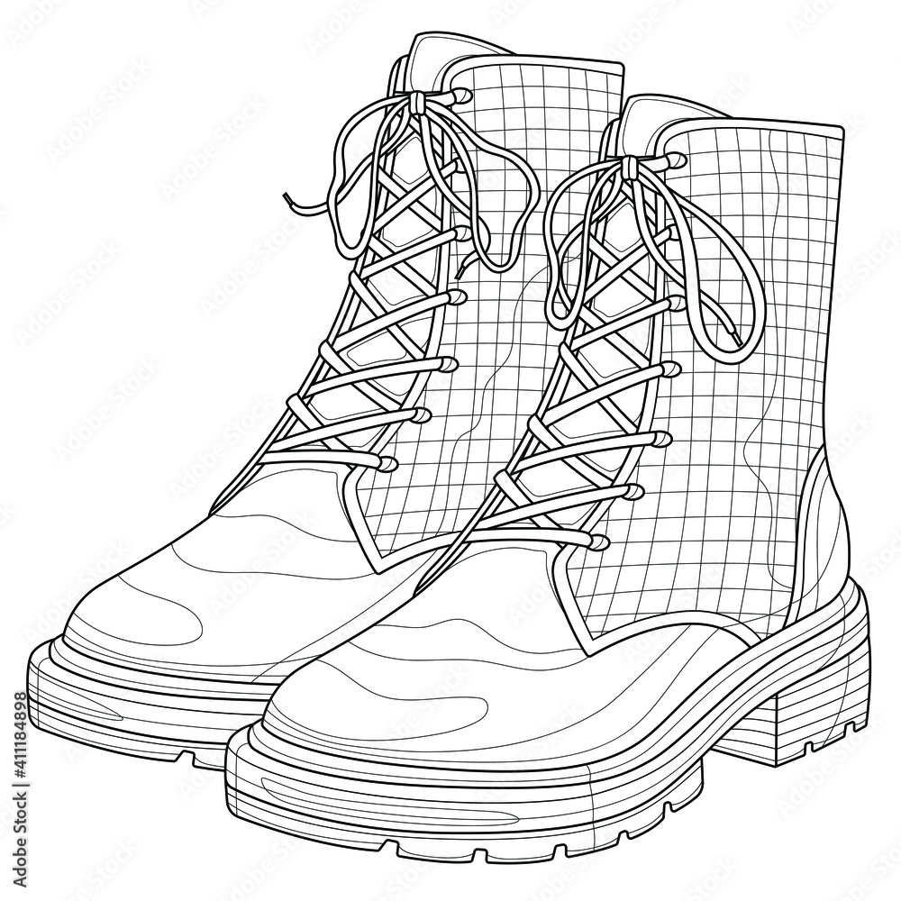 Boots.Coloring book for children and adults. Illustration isolated on white background.Black and white drawing.Hand draw
