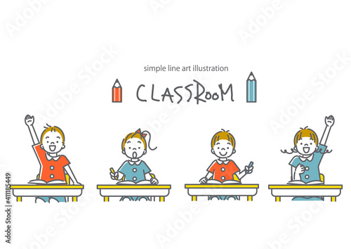 積極的に授業に参加する子供たちのシンプルでかわいい線画イラスト