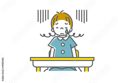 学校でひとりで思い悩む女の子のシンプルでかわいい線画イラスト