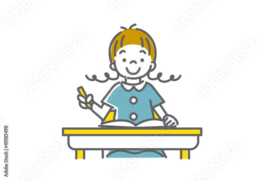 自主的に学ぶ女の子のシンプルでかわいい線画イラスト