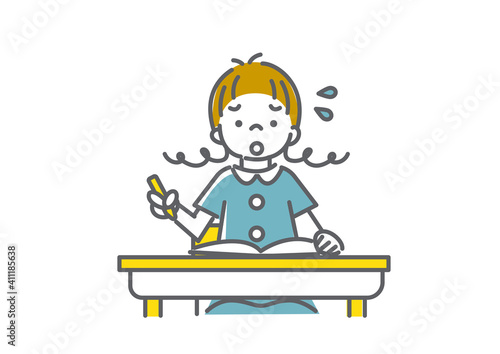 授業についていくのが大変な女の子のシンプルでかわいい線画イラスト