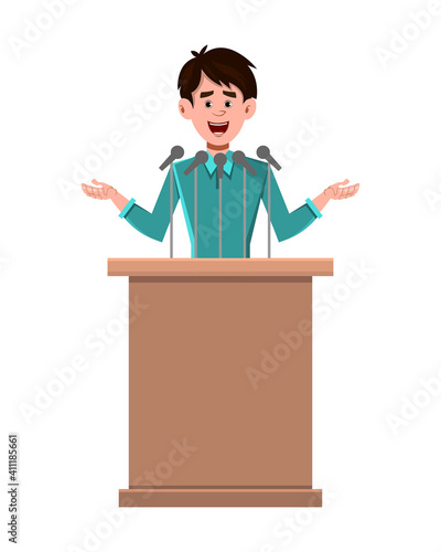 Businessman cartoon character speaker stands behind the podium and speaks
