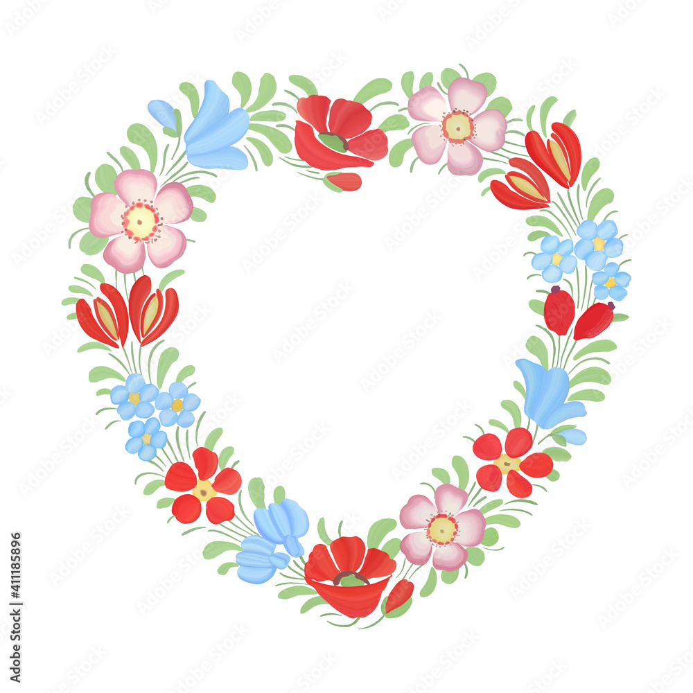 Flowers and leaves in heart shape. Greeting card with hand-drawn floral composition. Vector illustration.