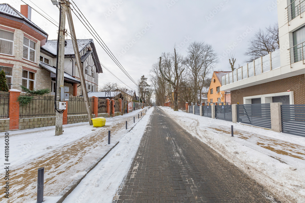 Typical architecture of a small resort town in winter. Kaliningrad Region, Russia