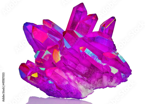 Amazing colorful Quartz Purple Titanium aura crystal cluster on white background  Angel aura mineral