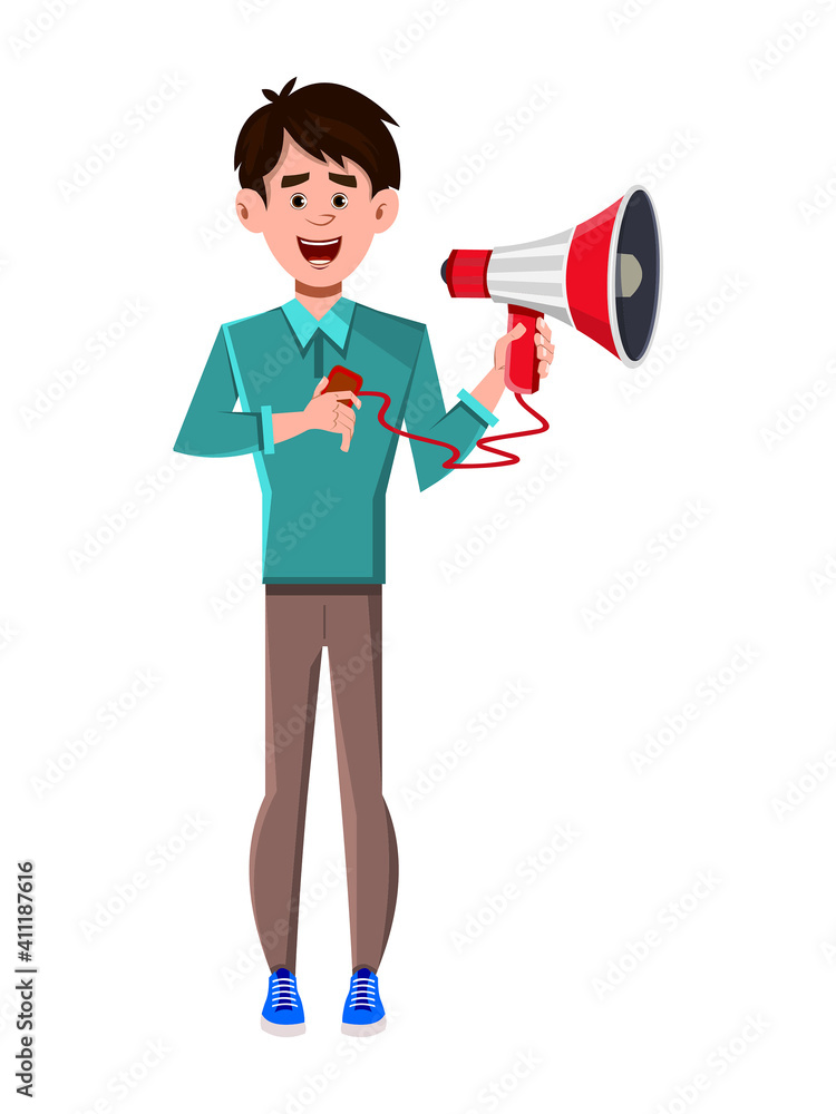 Businessman cartoon character with hand mike Businessman cartoon character with hand mike