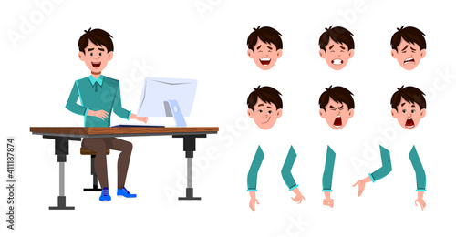 Businessman character set. Businessman worker man character set for animation or motion with different facial emotions and hands
