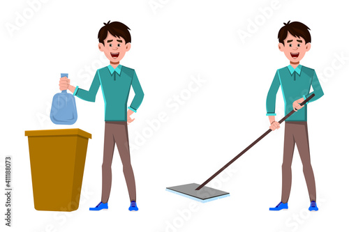 Businessman cleaning floor and put bag of garbage in the trash