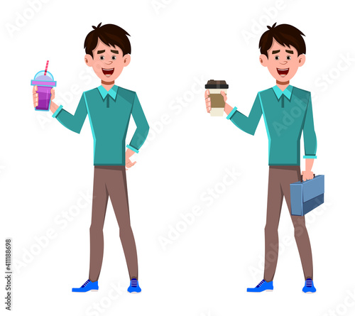 Businessman holding coffee and juice cup