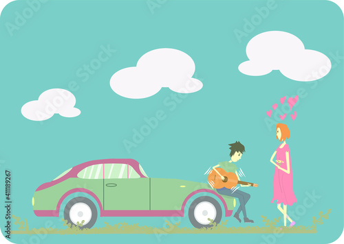 a young man plays a love song to his girlfriend while sitting in a car.