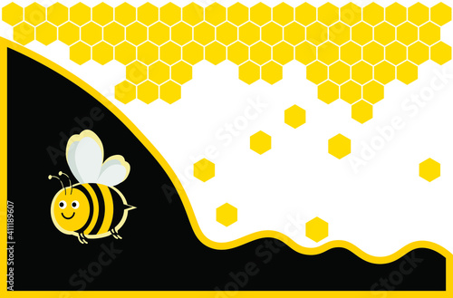 vector poster with honeycombs and bees. flat illustration of a banner with yellow honeycombs at the top.