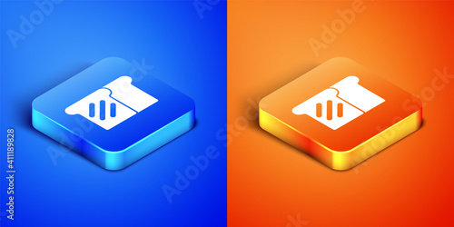 Isometric Bread toast for sandwich piece of roasted crouton icon isolated on blue and orange background. Lunch, dinner, breakfast snack. Square button. Vector.