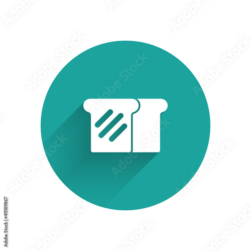White Bread toast for sandwich piece of roasted crouton icon isolated with long shadow. Lunch, dinner, breakfast snack. Green circle button. Vector.