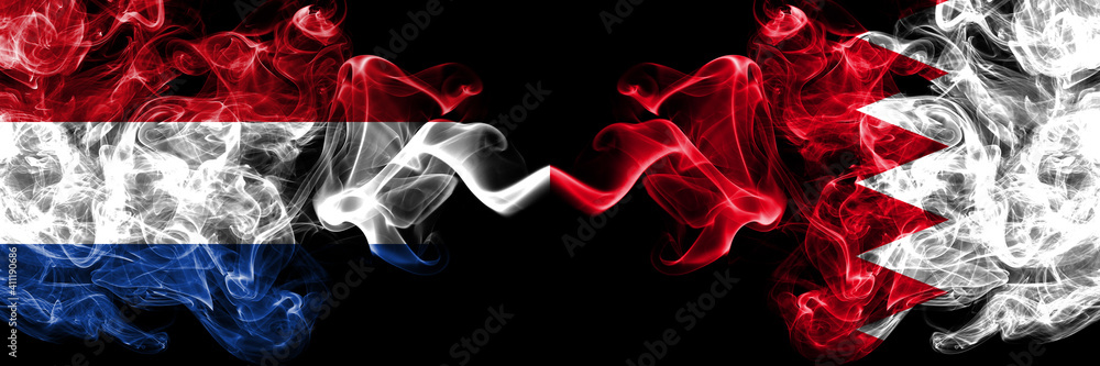 Netherlands vs Bahrain, Bahraini smoky mystic flags placed side by side. Thick colored silky abstract smoke flags.