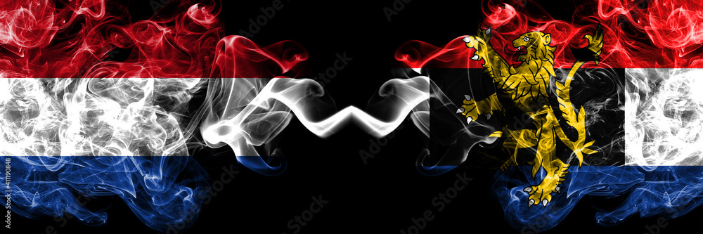 Netherlands vs Benelux smoky mystic flags placed side by side. Thick colored silky abstract smoke flags.