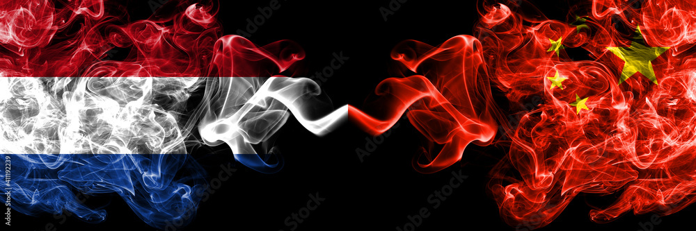 Netherlands vs China, Chinese smoky mystic flags placed side by side. Thick colored silky abstract smoke flags.