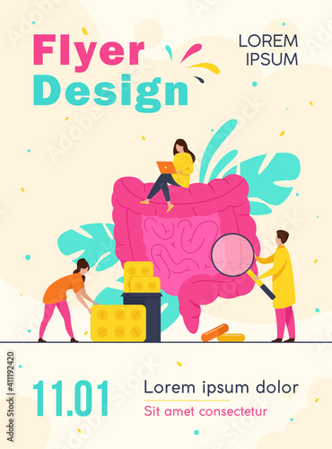Tiny doctors checking and treating large intestine isolated flat vector illustration. Cartoon physicians studying colon inflammation. Medicine and digestive system health concept