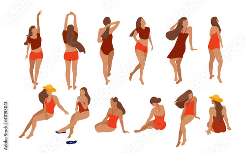 Set of trendy young women in swimwear.Beach collection.Females in different poses.Girls walk,sunbathe,sit or stand.Various summer clothes design. Slim body shapes.Vector in flat style.People for card