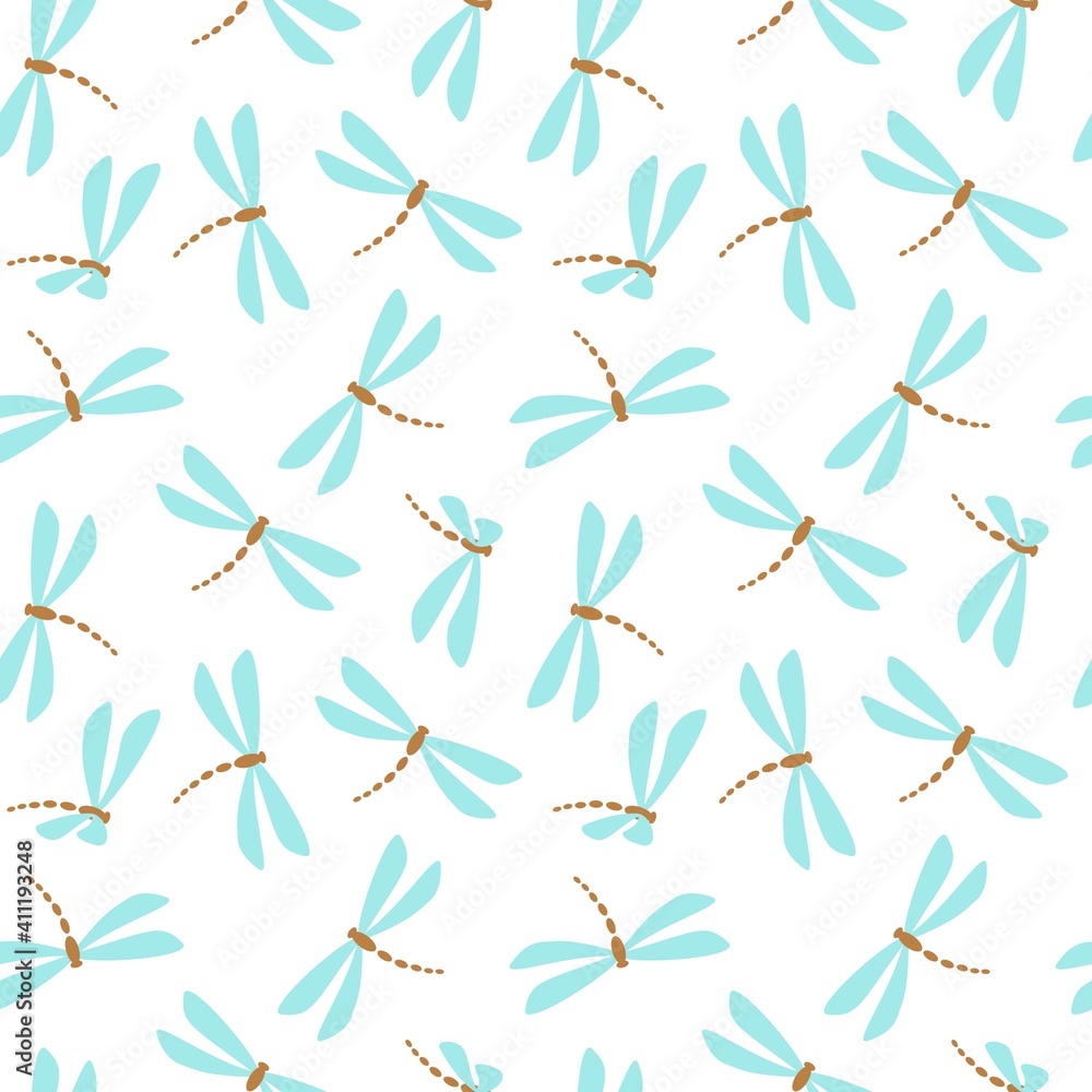 Vector illustration. Blue dragonfly on a white background. A repeating pattern. For fabric, wallpaper, notebooks, diaries, brochures, backgrounds, covers, banners, textiles. Scalable to any size. Vector illustration. Blue dragonfly on a white background. A repeating pattern. For fabric, wallpaper, notebooks, diaries, brochures, backgrounds, covers, banners, textiles. Scalable to any size.