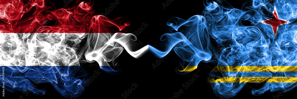 Netherlands vs Netherlands, Dutch, Holland, Aruba smoky mystic flags placed side by side. Thick colored silky abstract smoke flags.