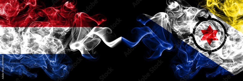 Netherlands vs Netherlands, Dutch, Holland, Bonaire smoky mystic flags placed side by side. Thick colored silky abstract smoke flags.
