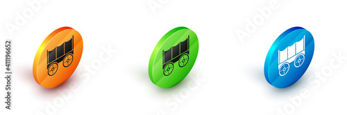Isometric Wild west covered wagon icon isolated on white background. Circle button. Vector.
