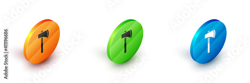 Isometric Native american tomahawk axe icon isolated on white background. Circle button. Vector.