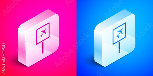 Isometric Airport icon isolated on pink and blue background. Silver square button. Vector.