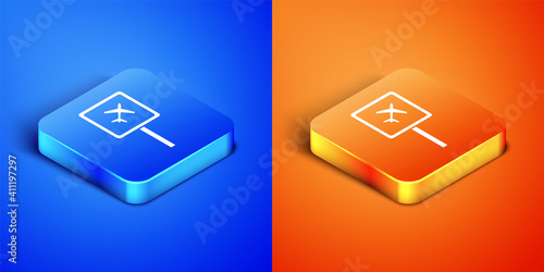 Isometric Airport icon isolated on blue and orange background. Square button. Vector.
