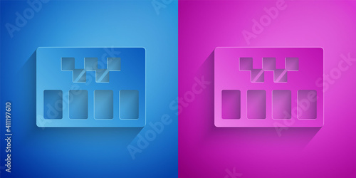 Paper cut Taximeter device icon isolated on blue and purple background. Measurement appliance for passenger fare in taxi car. Paper art style. Vector.