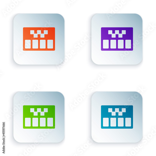 Color Taximeter device icon isolated on white background. Measurement appliance for passenger fare in taxi car. Set colorful icons in square buttons. Vector.
