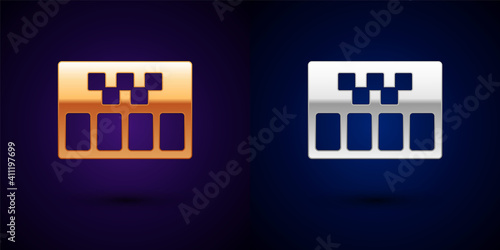 Gold and silver Taximeter device icon isolated on black background. Measurement appliance for passenger fare in taxi car. Vector.