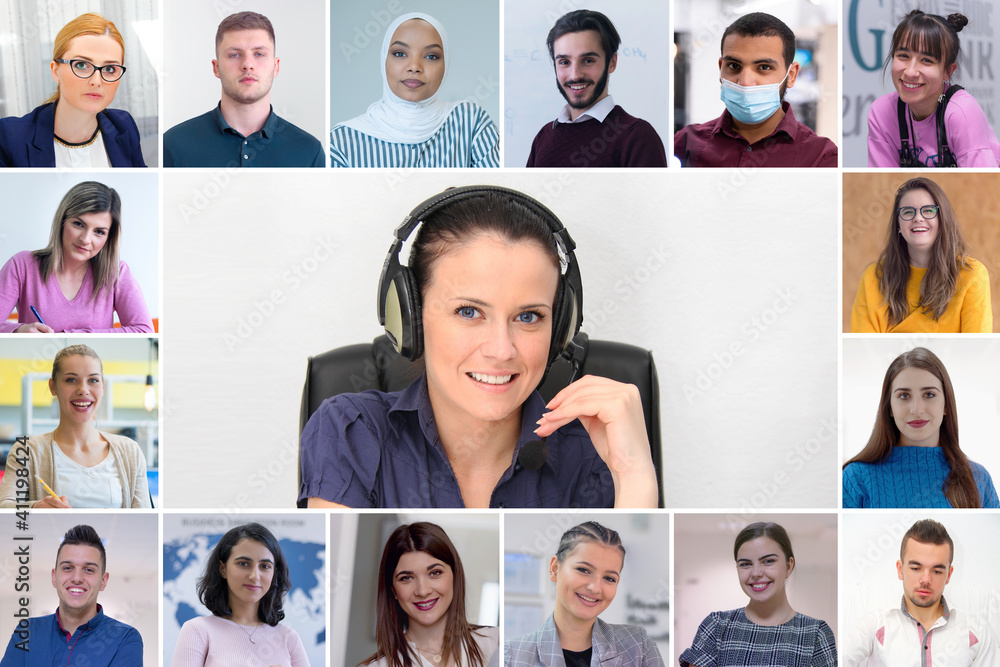 Fototapeta premium Online remote school class concept. Mixed race college student distance learning using computer conferencing with teacher and classmates group. Learning from home during quarantine and coronavirus.