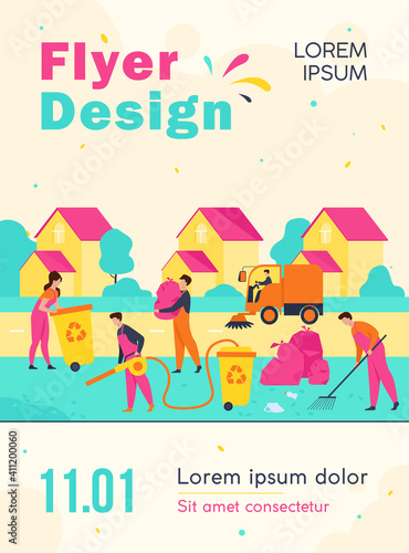 Cleaning workers picking up litter on suburban street, washing road, carrying bag with garbage to trash bin. Vector illustration for cleaner, janitor job, city service concept