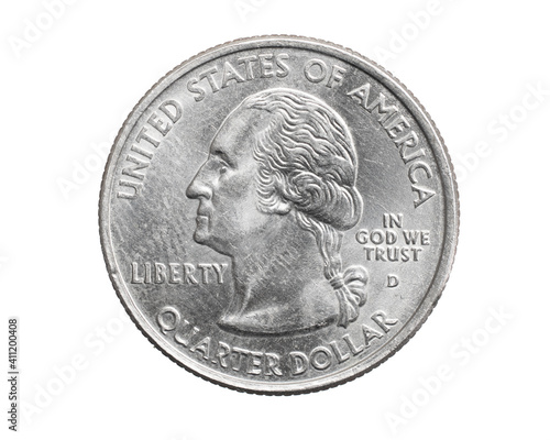 A quarter dollar coin on a white isolated background photo