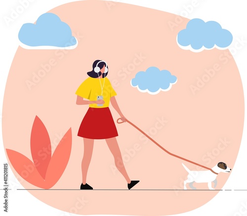 Girl walks with dog in the park and listening music in smartphone in her headphones. Woman walking dog. vector illustration